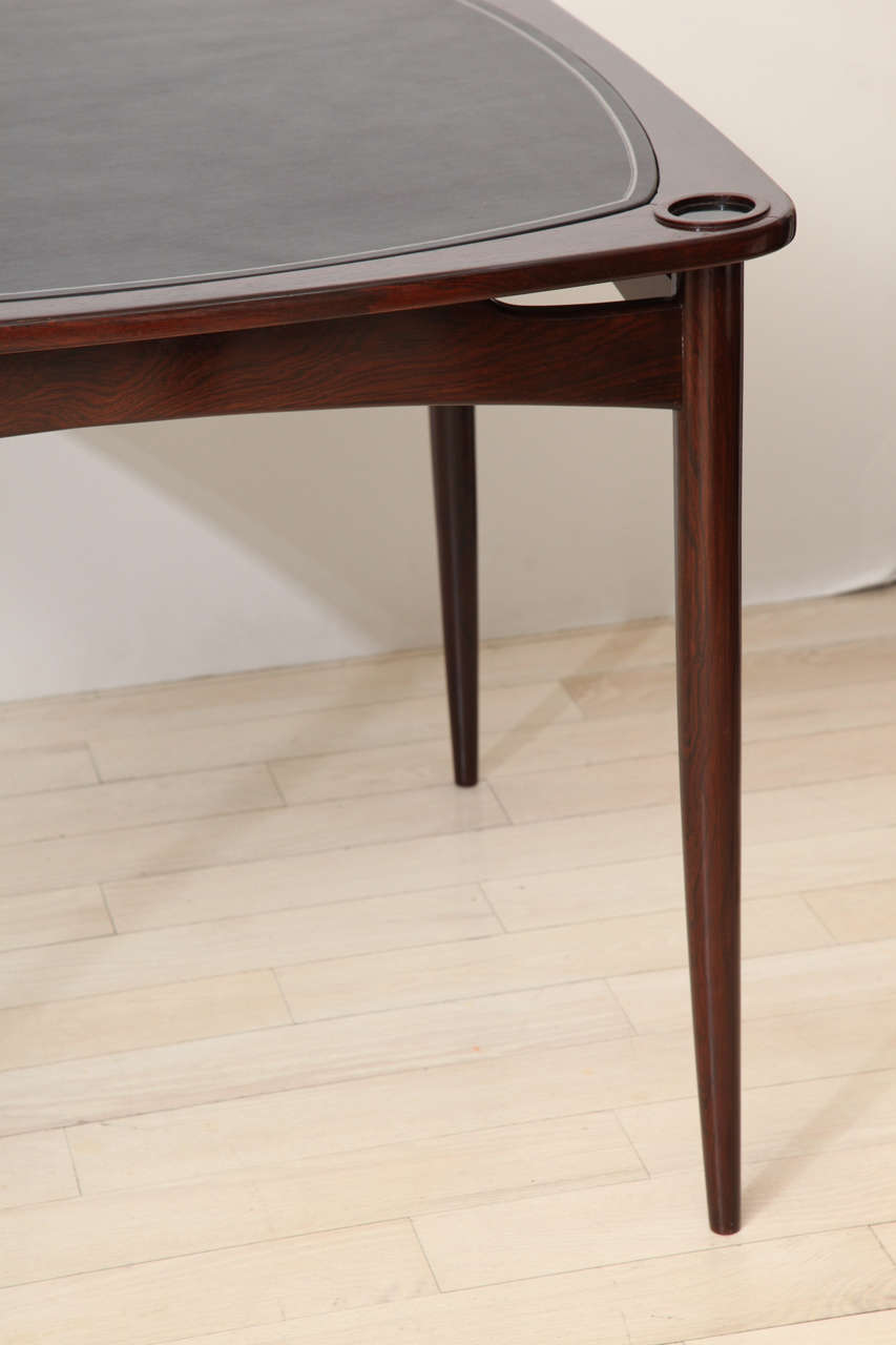 French Solid Rosewood Games Table with Leather Top designed by Sergio Rodrigues