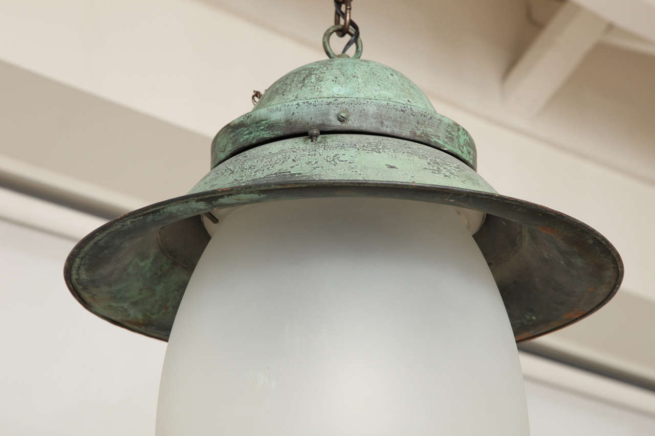 Dutch Early 20th Century Copper Hanging Lantern with Round Frosted Glass, circa 1920