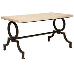 Attributed to Poillerat, French Art Deco Iron Coffee Table withTravertine Top