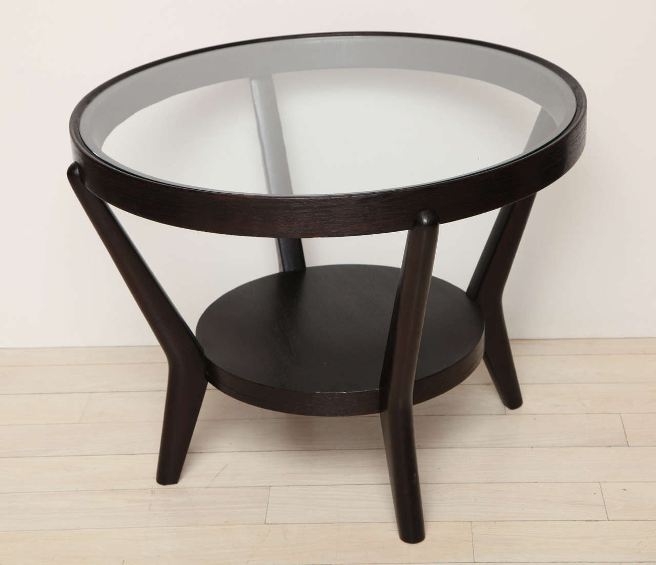 Pair of Jindrich Halabala Round Oak Tables with Glass Tops circa 1940 1