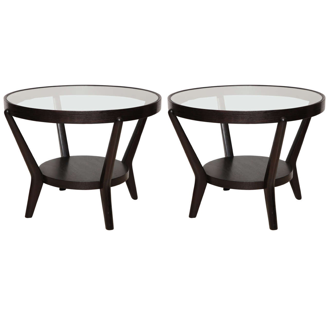 Pair of Jindrich Halabala Round Oak Tables with Glass Tops circa 1940