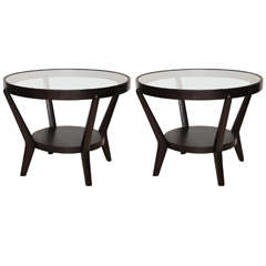 Pair of Jindrich Halabala Round Oak Tables with Glass Tops circa 1940