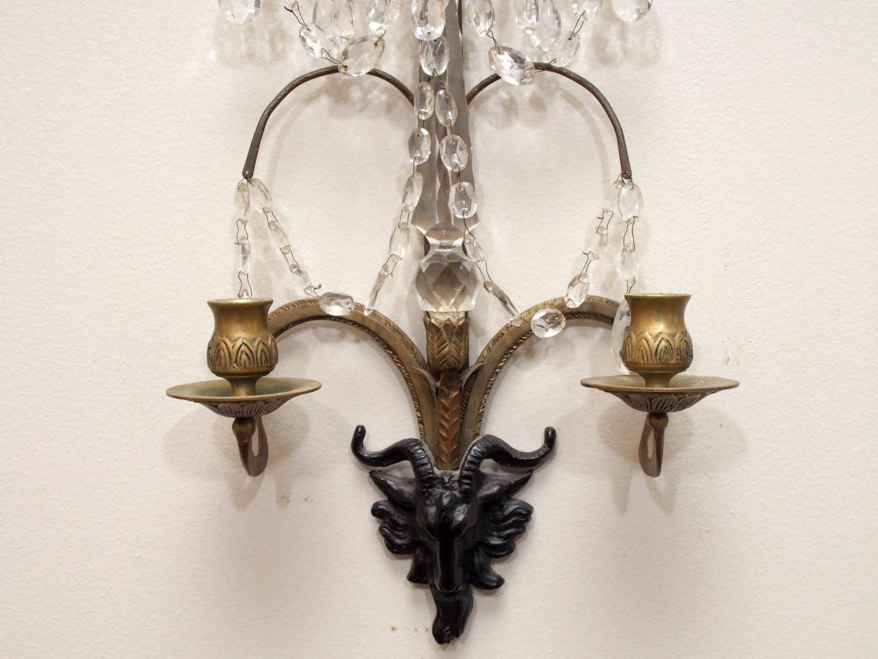 Pair of Crystal, Two-Light Rams Head Sconces In Excellent Condition In New Orleans, LA