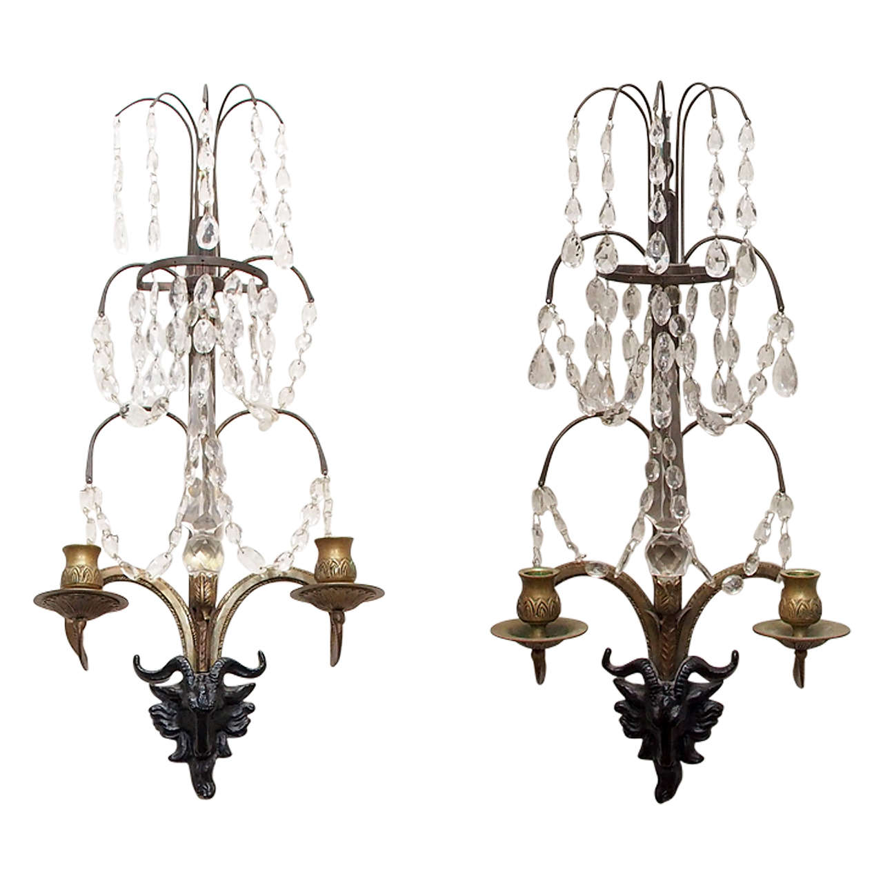 Pair of Crystal, Two-Light Rams Head Sconces
