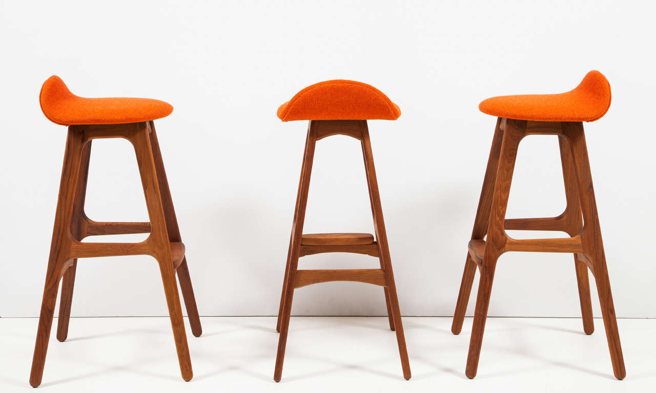 Vintage 1960s Erik Buck Teak Barstools, Set of Three

These Vintage Barstools are a classic design, and seen in Don Drapers apartment on Mad Men. The bent lip on the back offers an amazing amount comfort and support. We have more than the ones you
