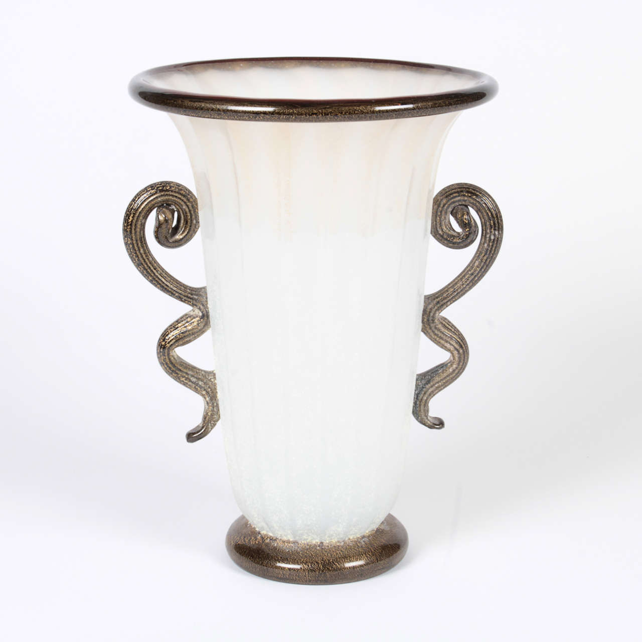Vintage Murano opalescent vase created in Grecian style. Decorative details provide a striking contrast to the subtle opalescent shade of the vase.