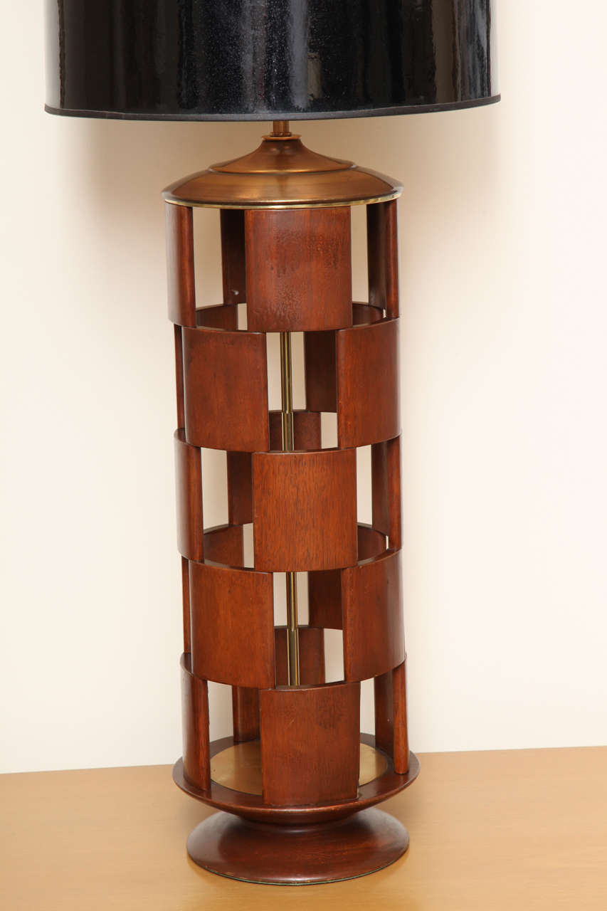 American Wooden Checkerboard Lamp with Brass Fittings, circa 1960