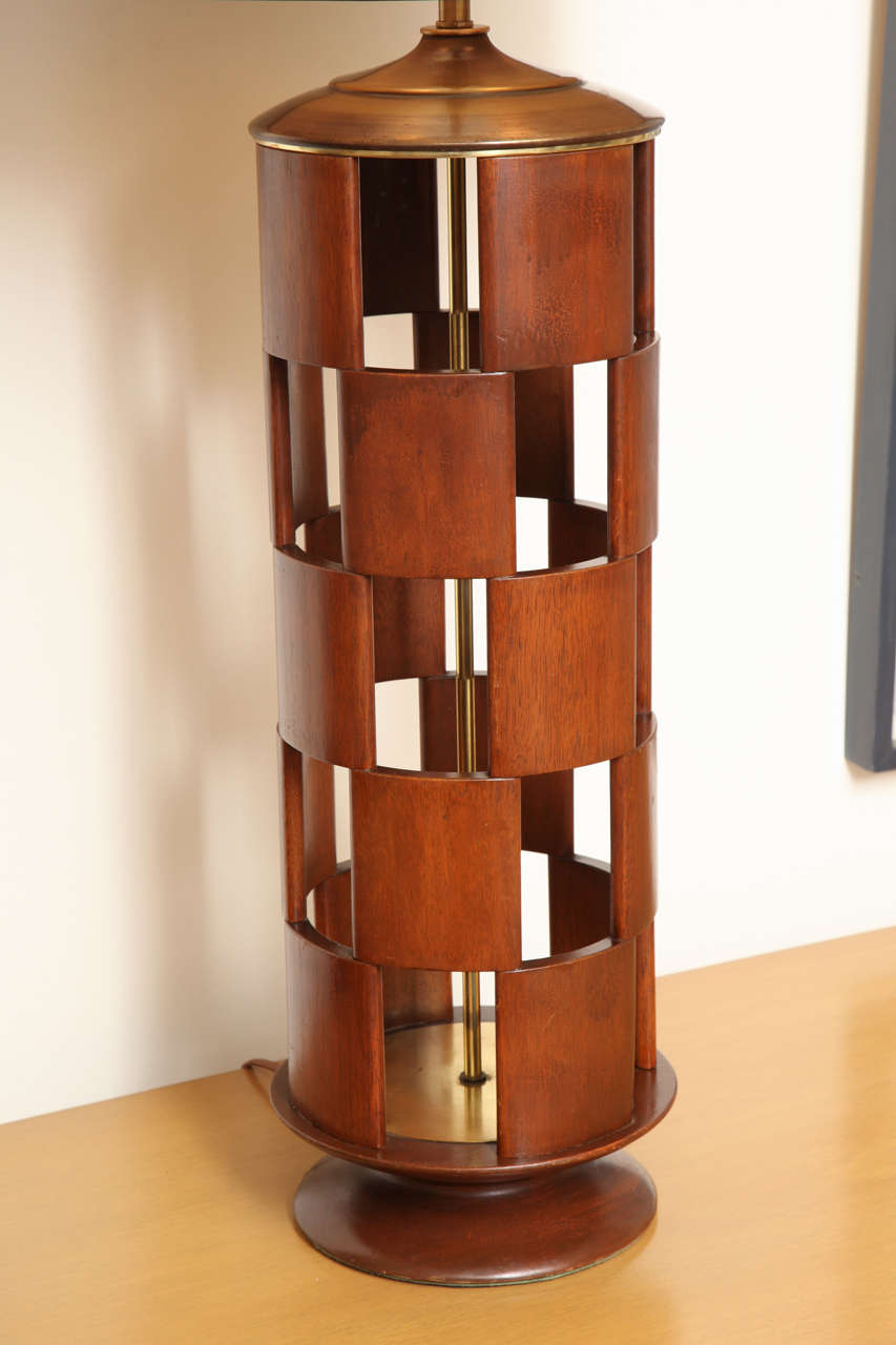 Wooden Checkerboard Lamp with Brass Fittings, circa 1960 4