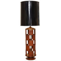 Wooden Checkerboard Lamp with Brass Fittings, circa 1960