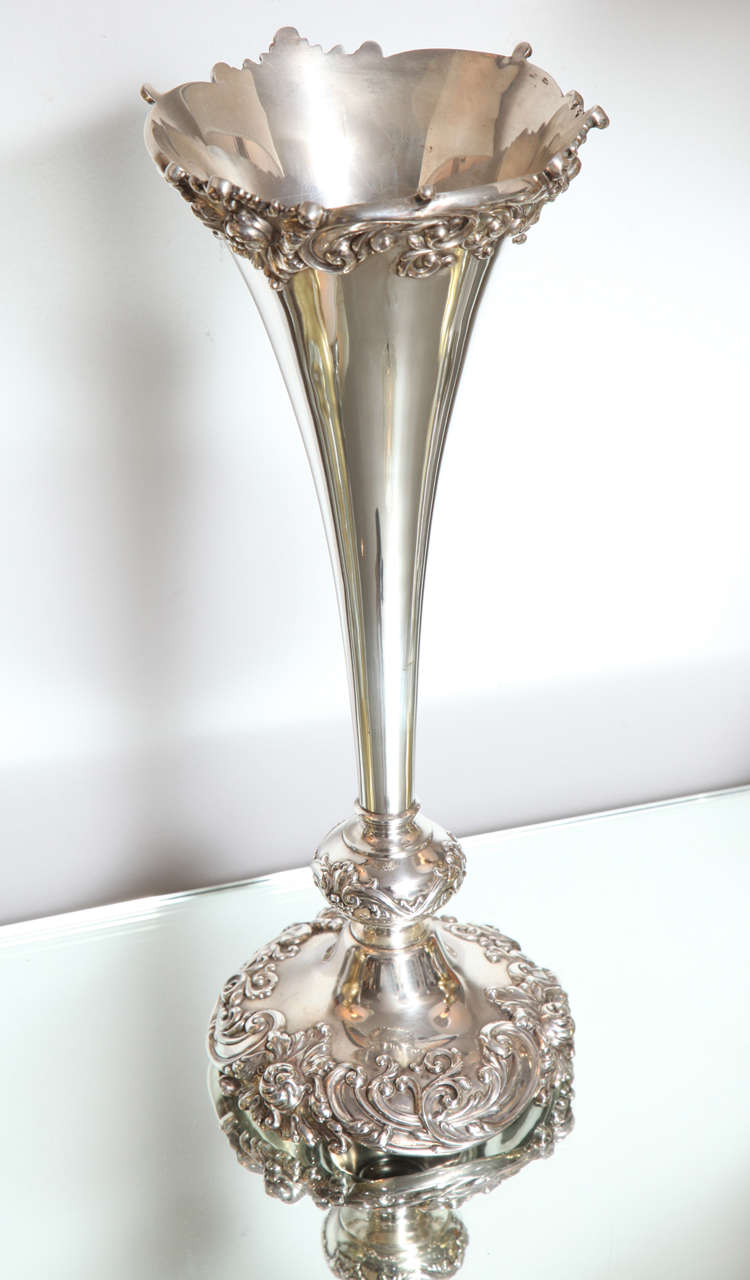 Repoussé Sterling Silver Trumpet Vase In Good Condition In New York, NY