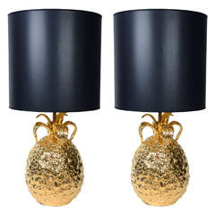 Imposing Pair of Golden Ceramic Pineapple Lamps