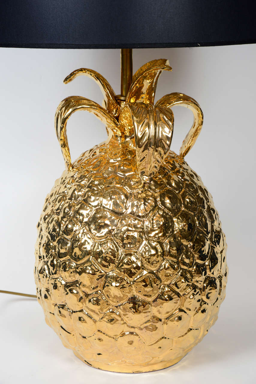 French Imposing Pair of Golden Ceramic Pineapple Lamps
