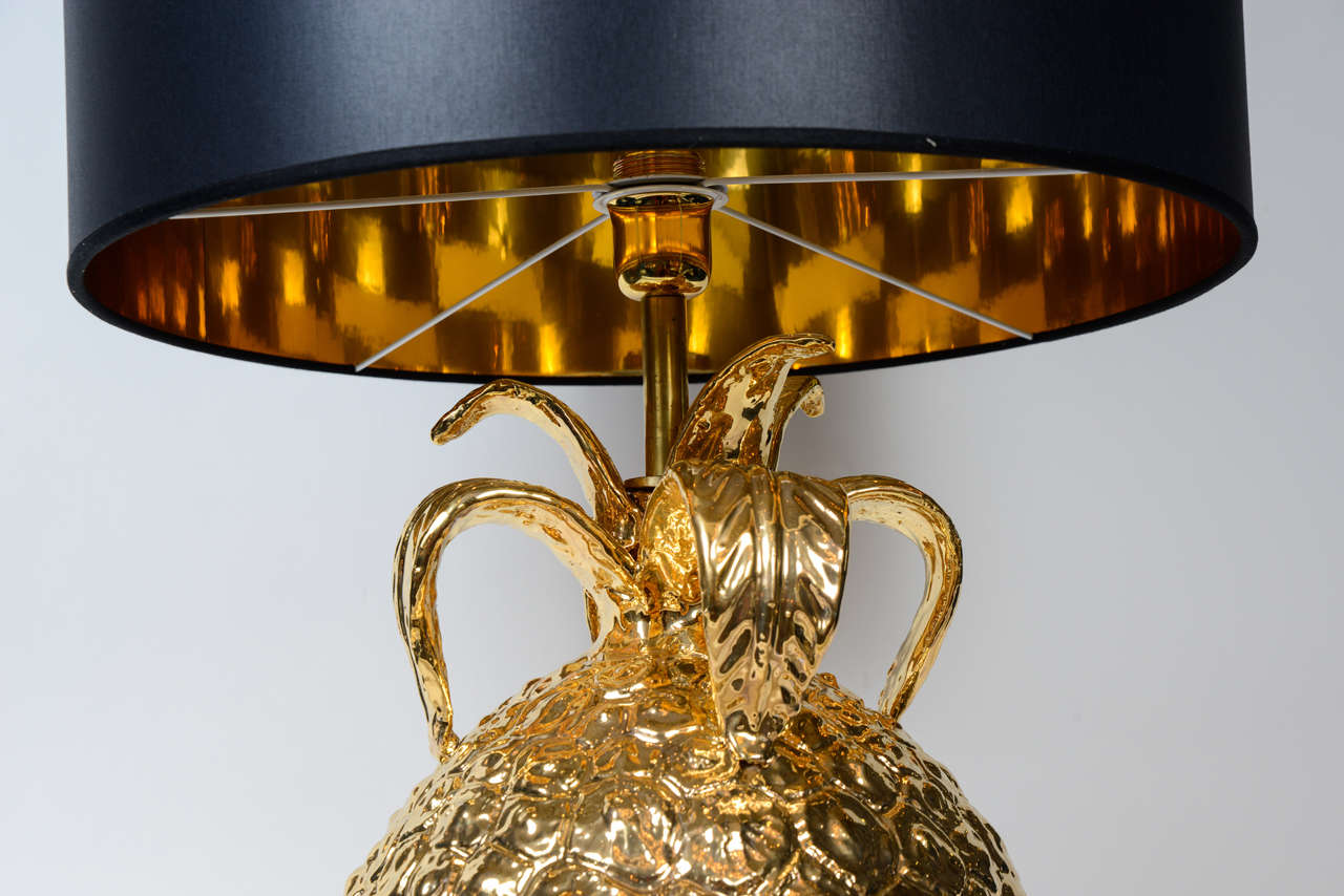 Late 20th Century Imposing Pair of Golden Ceramic Pineapple Lamps