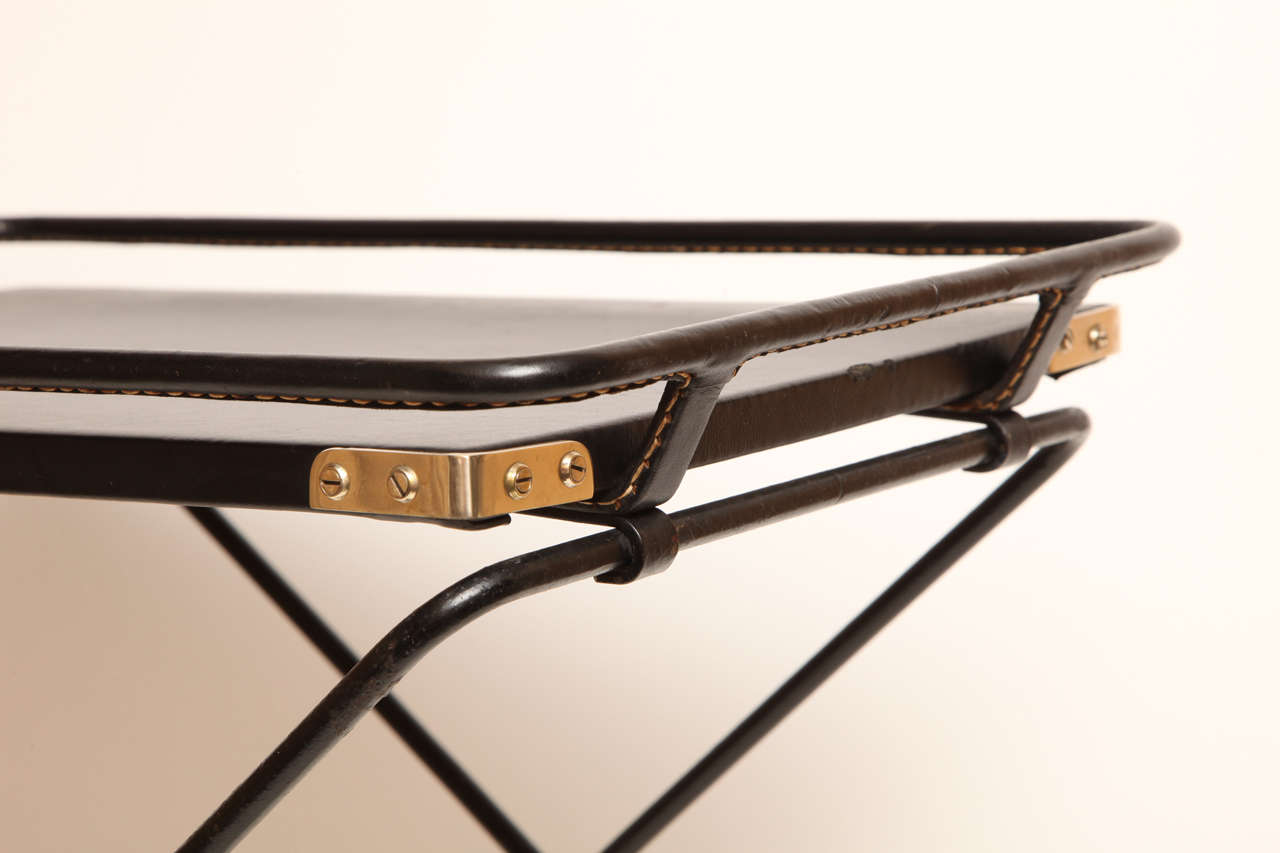 Modern French 1960s Folding Tray Table in Black Leather