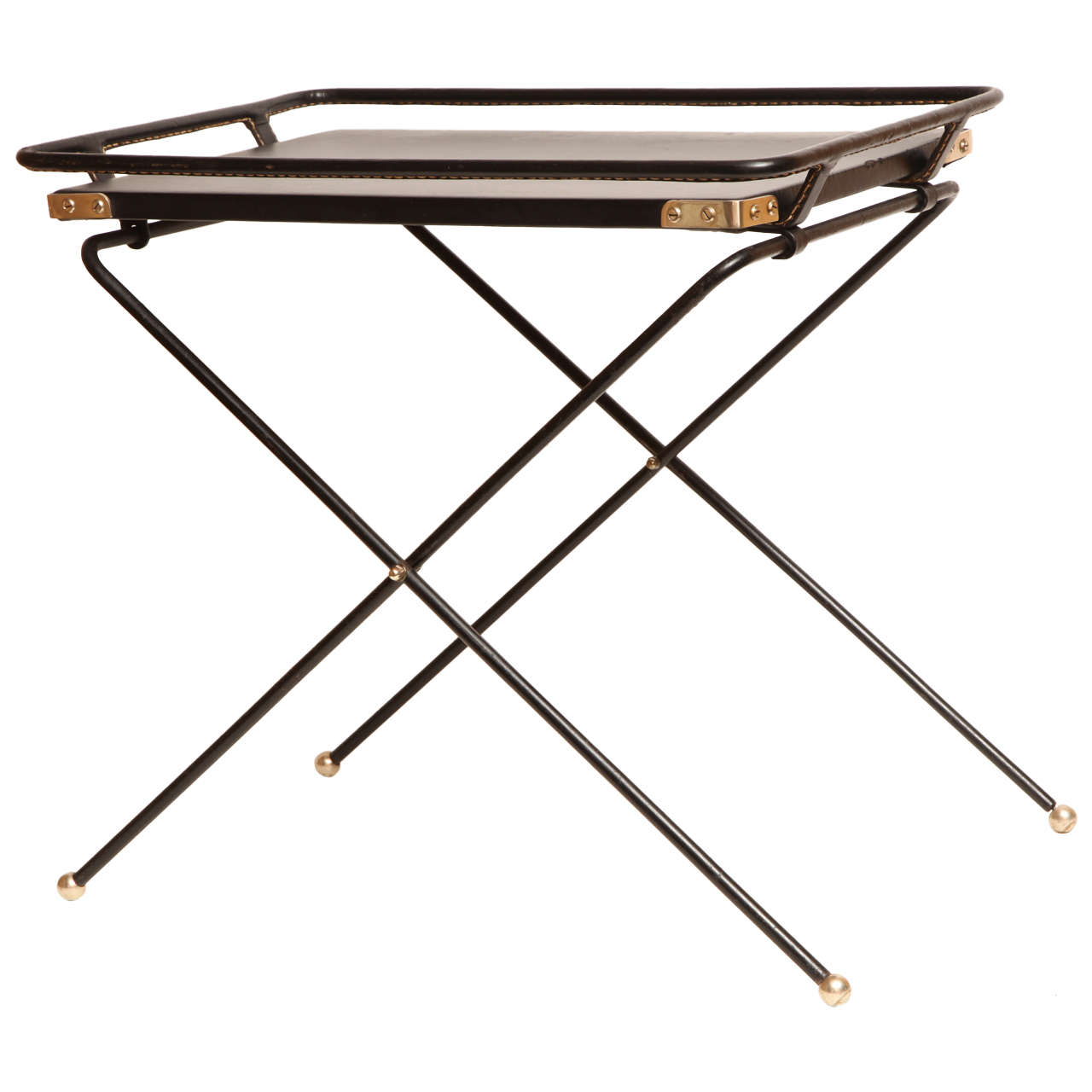 French 1960s Folding Tray Table in Black Leather