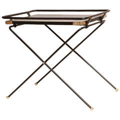 Vintage French 1960s Folding Tray Table in Black Leather