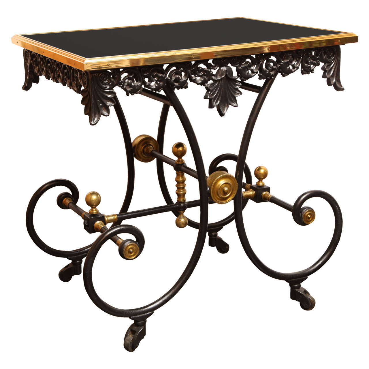19th Century French Table on Wheels with a Modern BlackGlass Top For Sale at 1stDibs