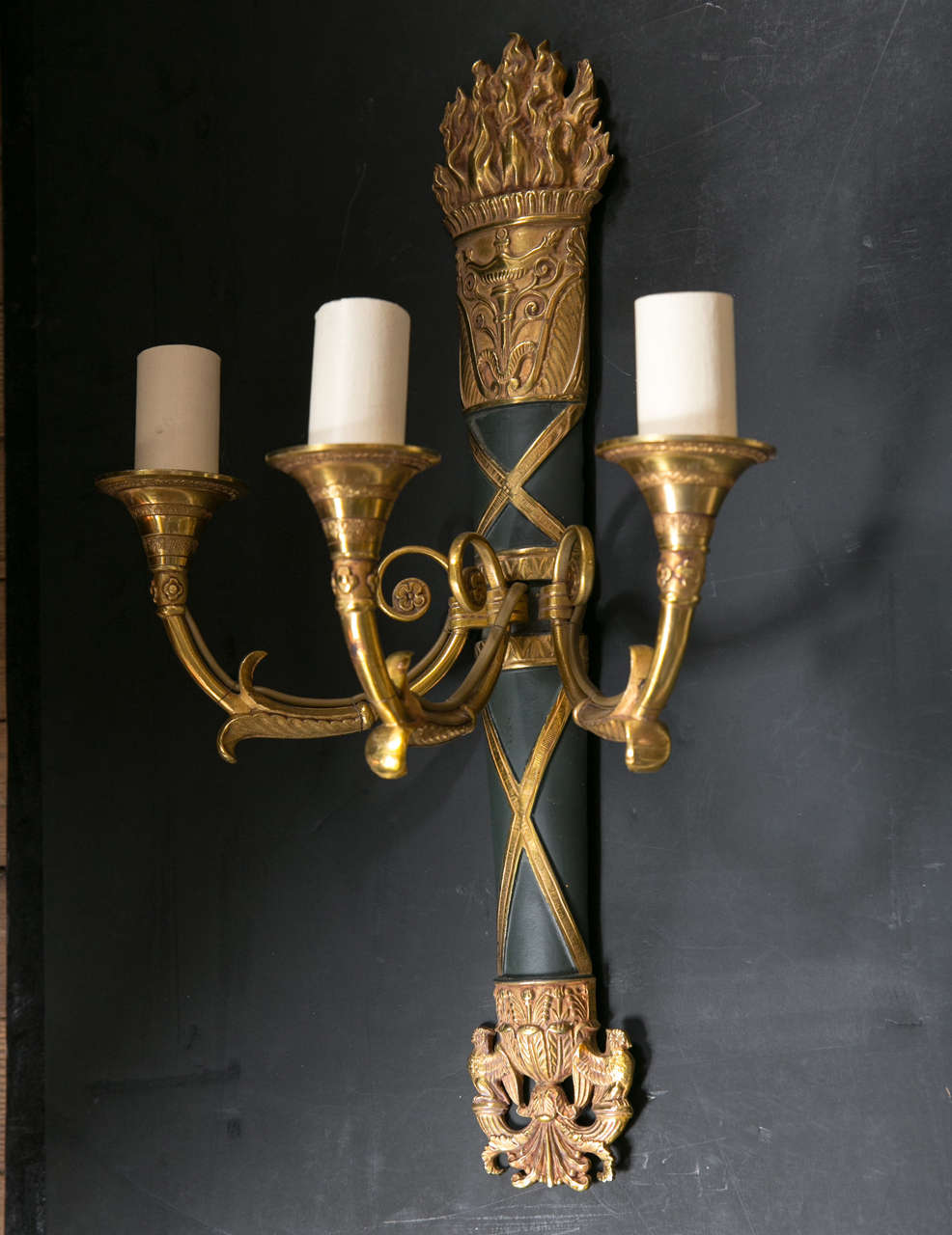 20th Century Set of Four Empire Style Bronze Three-Light Sconces