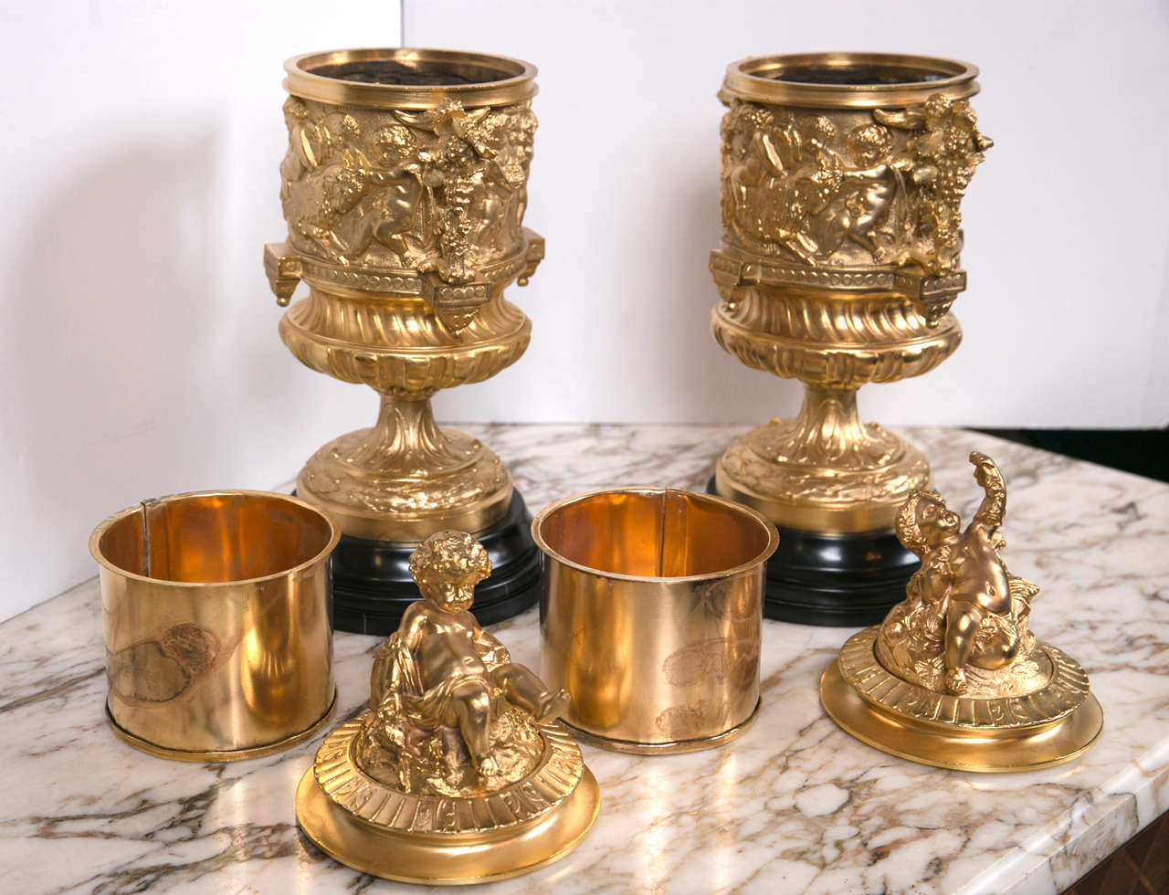 Pair of Gilt Bronze Covered Urns In Excellent Condition For Sale In Woodbury, CT