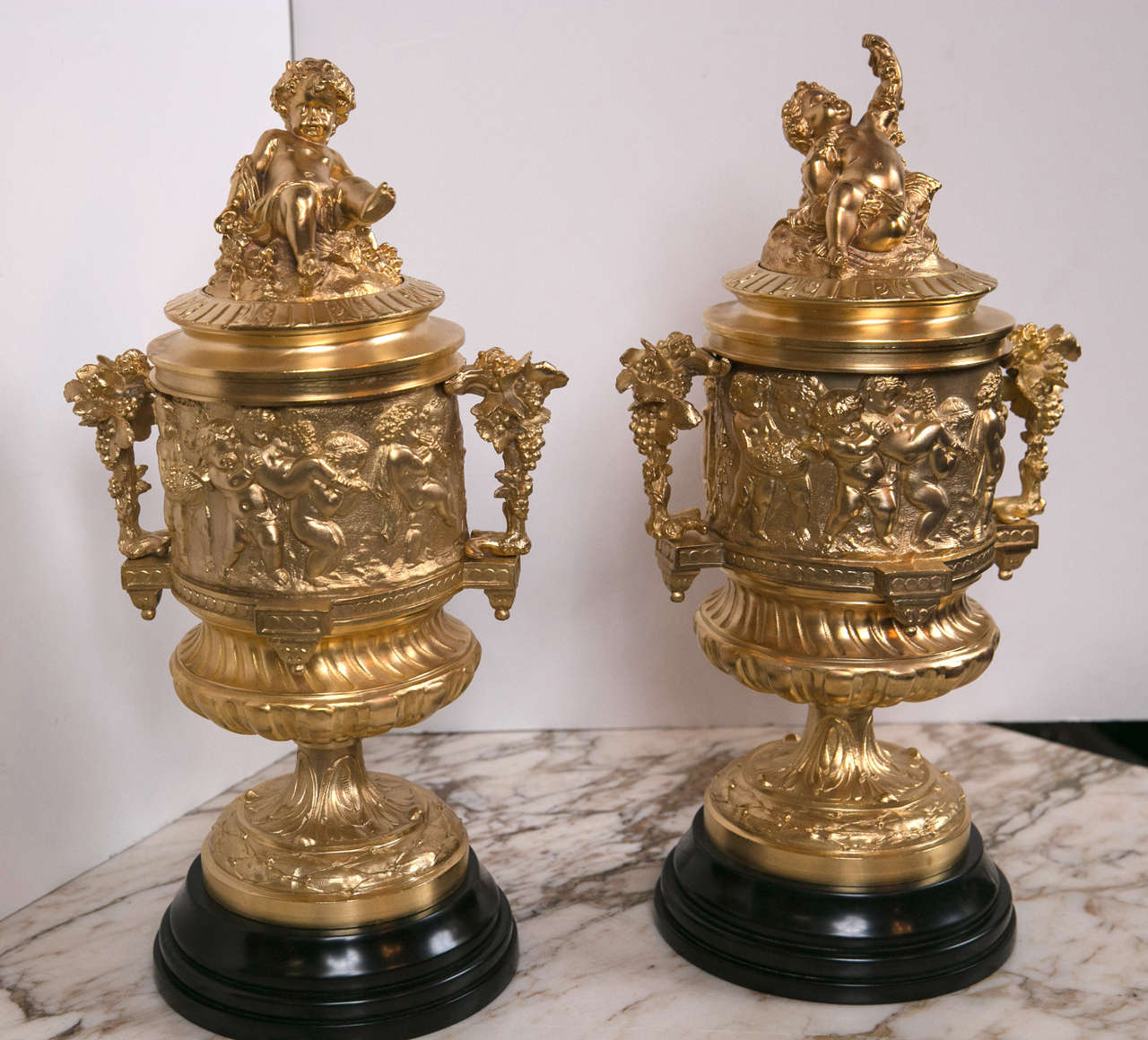20th Century Pair of Gilt Bronze Covered Urns For Sale