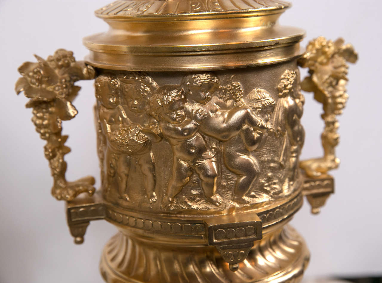 Pair of Gilt Bronze Covered Urns For Sale 1