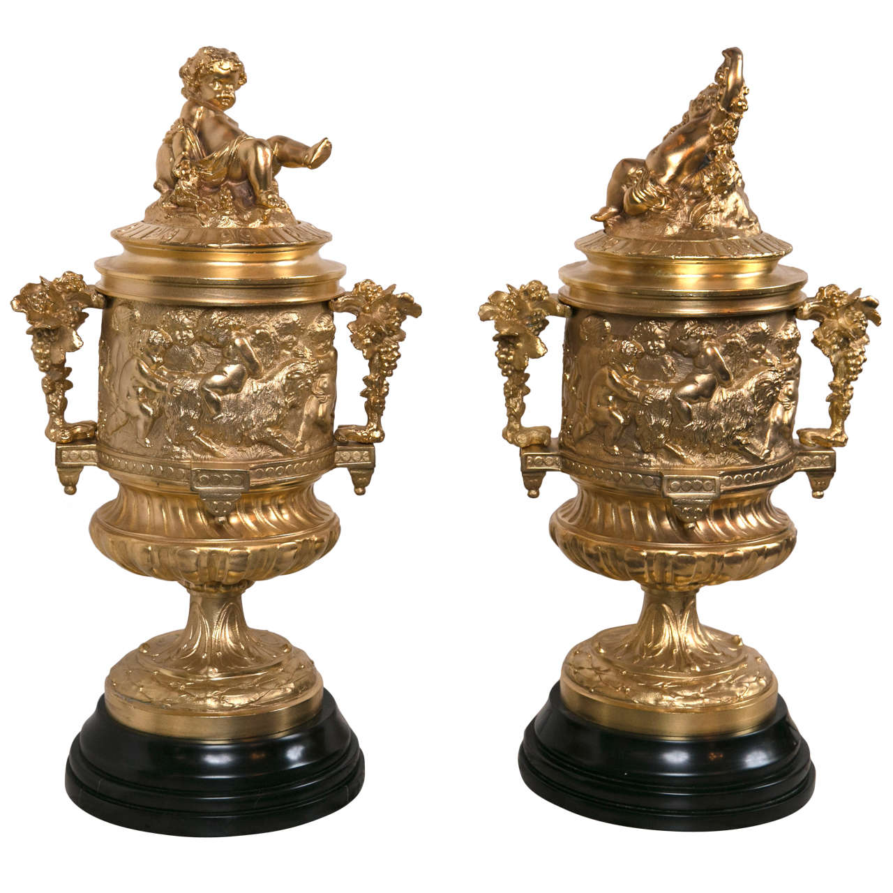 Pair of Gilt Bronze Covered Urns For Sale