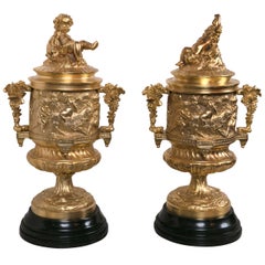 Vintage Pair of Gilt Bronze Covered Urns