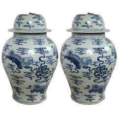 Pair of 20th Century Chinese Blue and White Covered Jars
