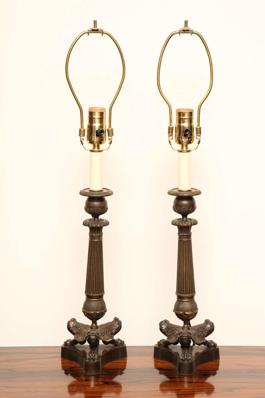 Pair of French, 19th Century Bronze Candlesticks Converted to Lamps