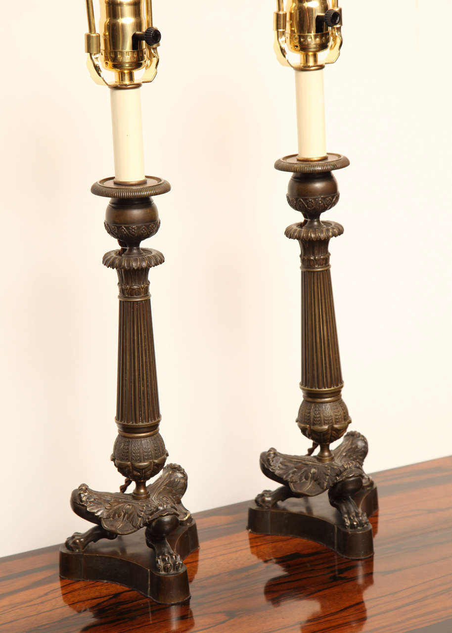 Charles X Pair of 19th Century French Bronze Candlesticks Converted to Lamps