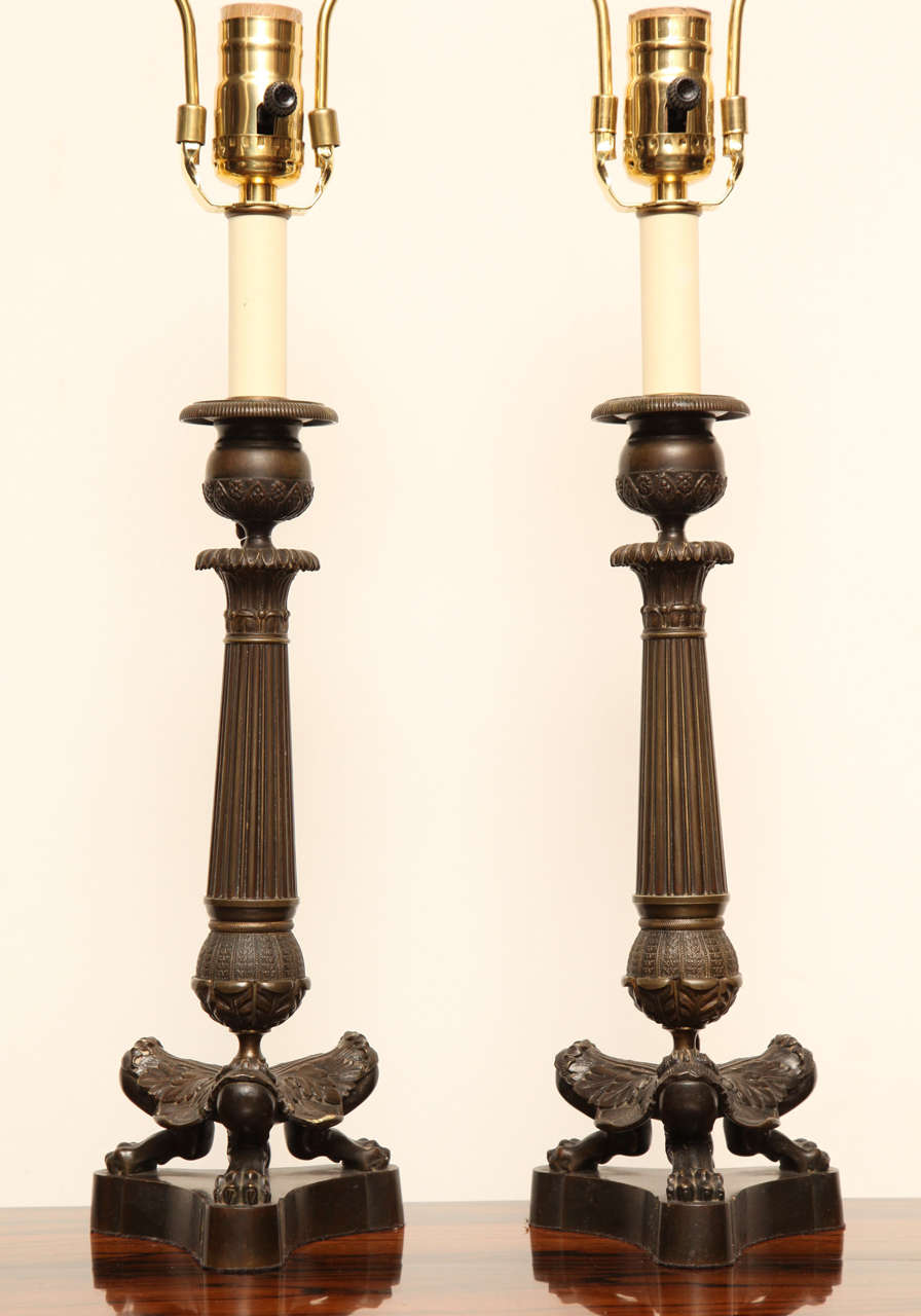 Pair of 19th Century French Bronze Candlesticks Converted to Lamps In Good Condition In New York, NY