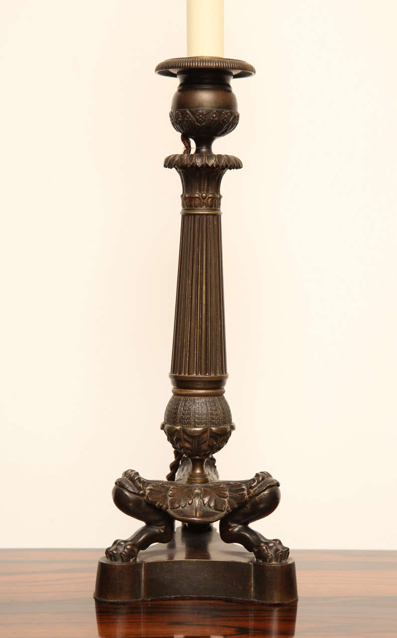 Pair of 19th Century French Bronze Candlesticks Converted to Lamps 2