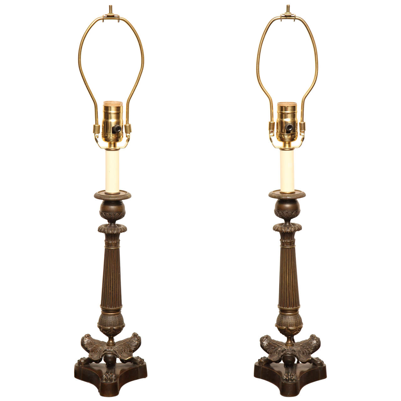 Pair of 19th Century French Bronze Candlesticks Converted to Lamps