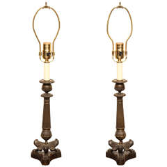 Pair of 19th Century French Bronze Candlesticks Converted to Lamps
