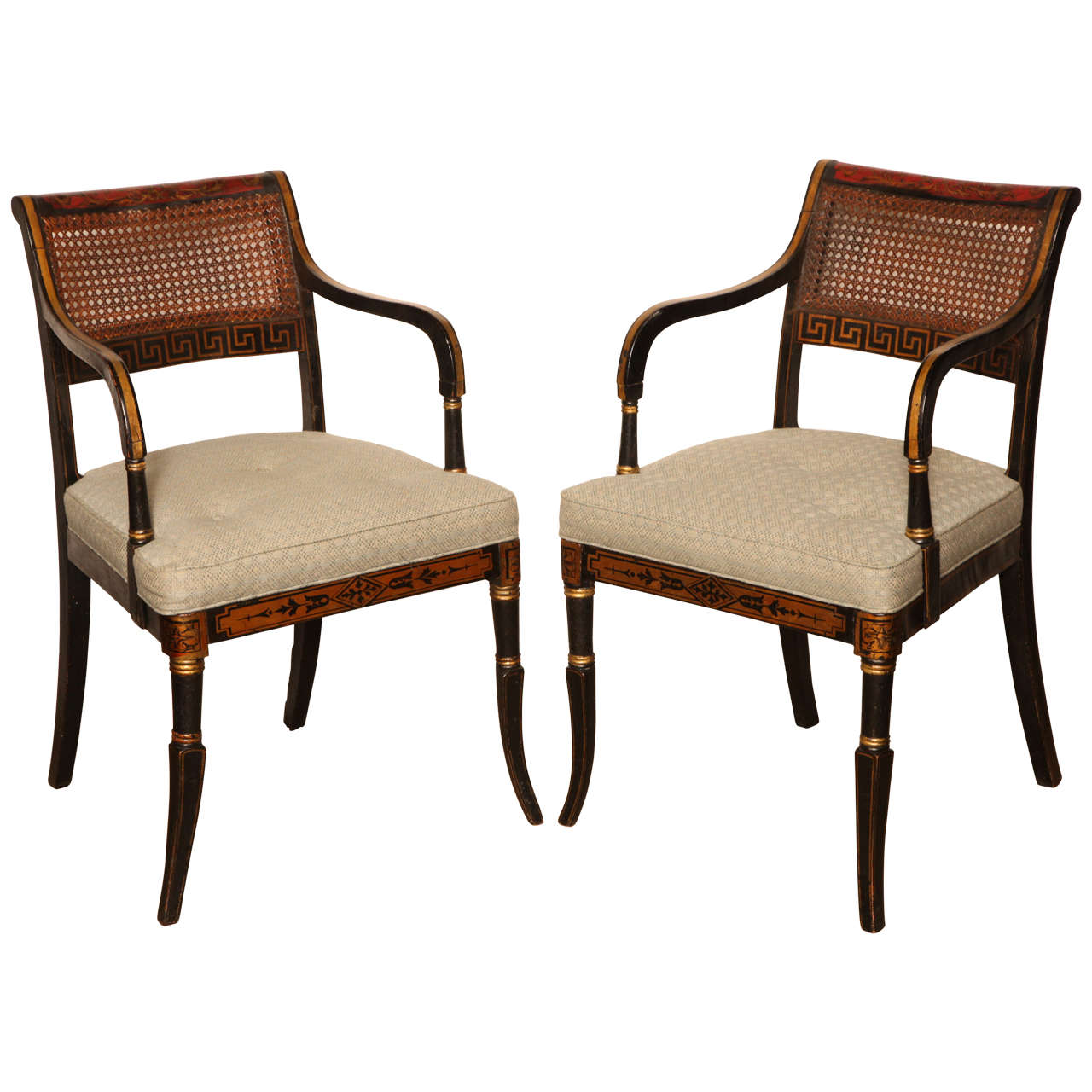 Pair of 19th Century English Regency Neoclassical Caned Armchairs