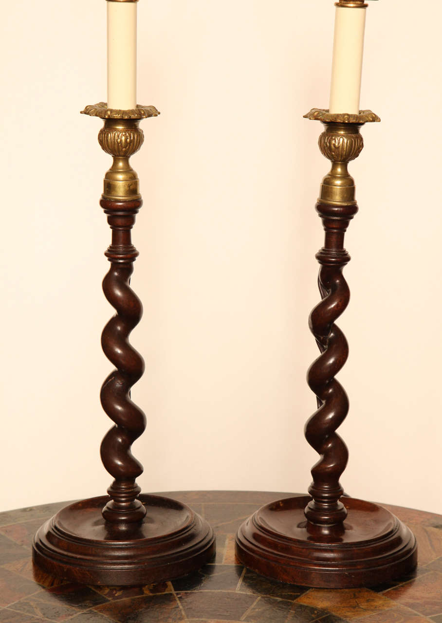 Pair of Mid19th Century English Barley Twist Candlesticks Converted to