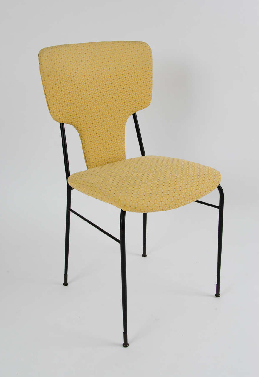 Set of six dining chair on black metal frame with brass details from Italy, 1950.
Original fabric.