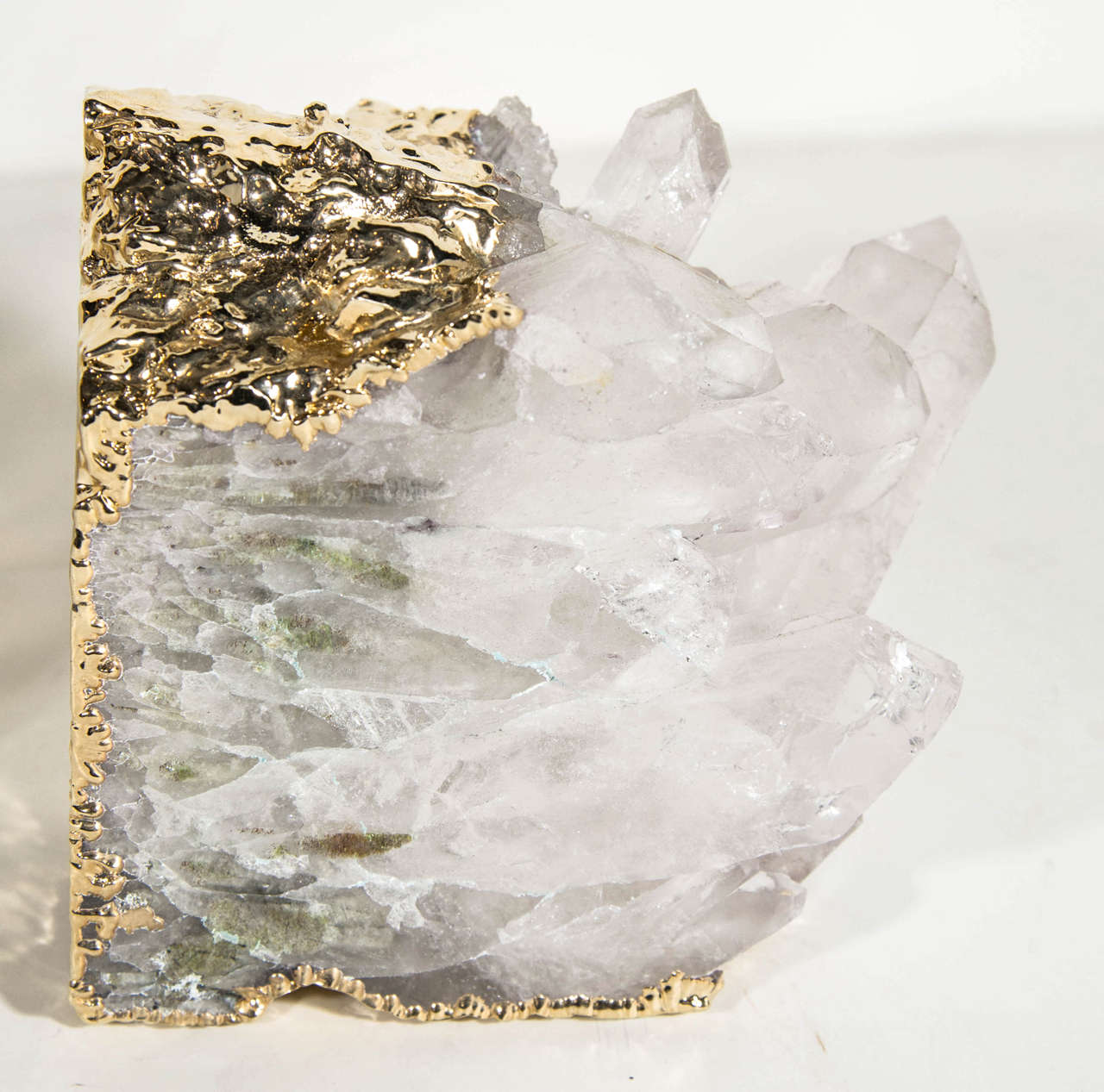 20th Century Pair of Exquisite Rock Crystal Quartz Bookends Wrapped in 24K Gold
