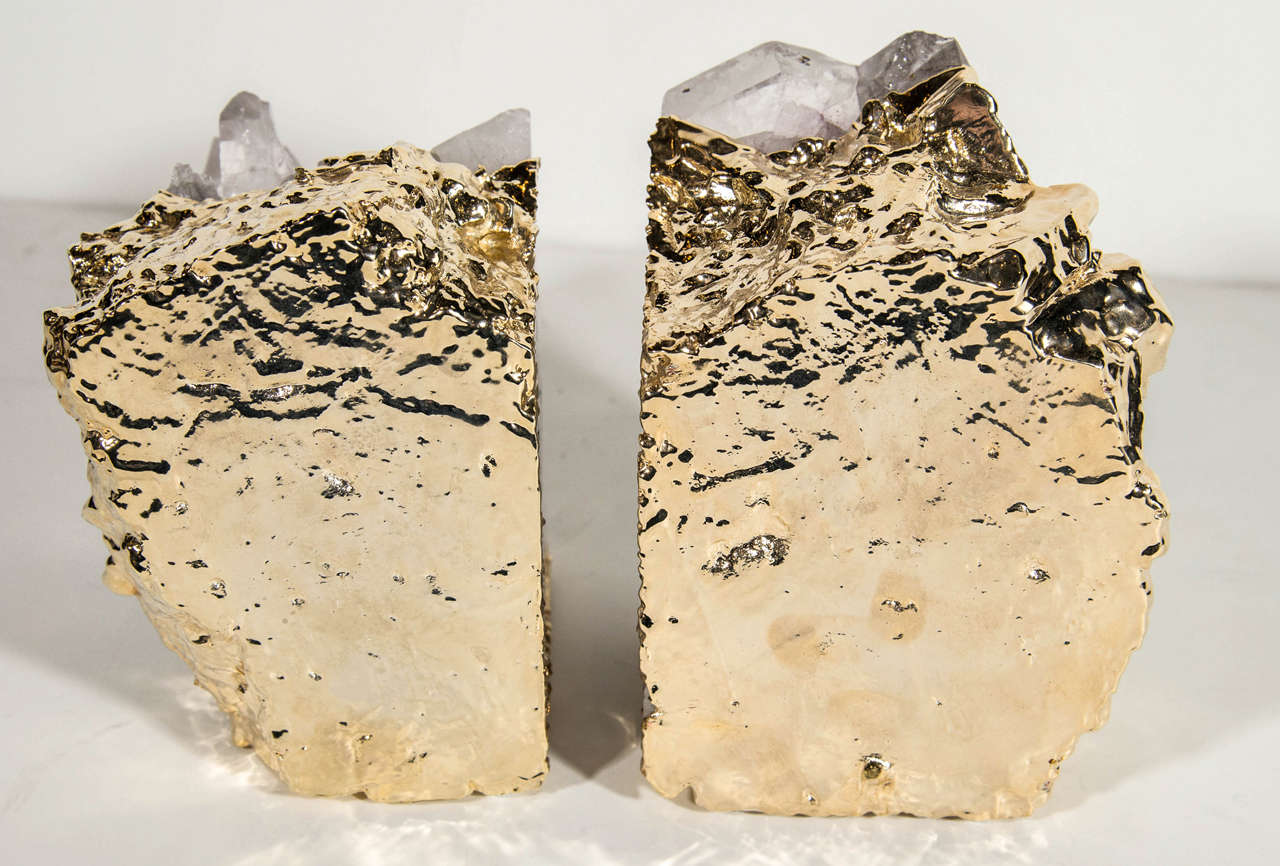 Pair of Exquisite Rock Crystal Quartz Bookends Wrapped in 24K Gold 1