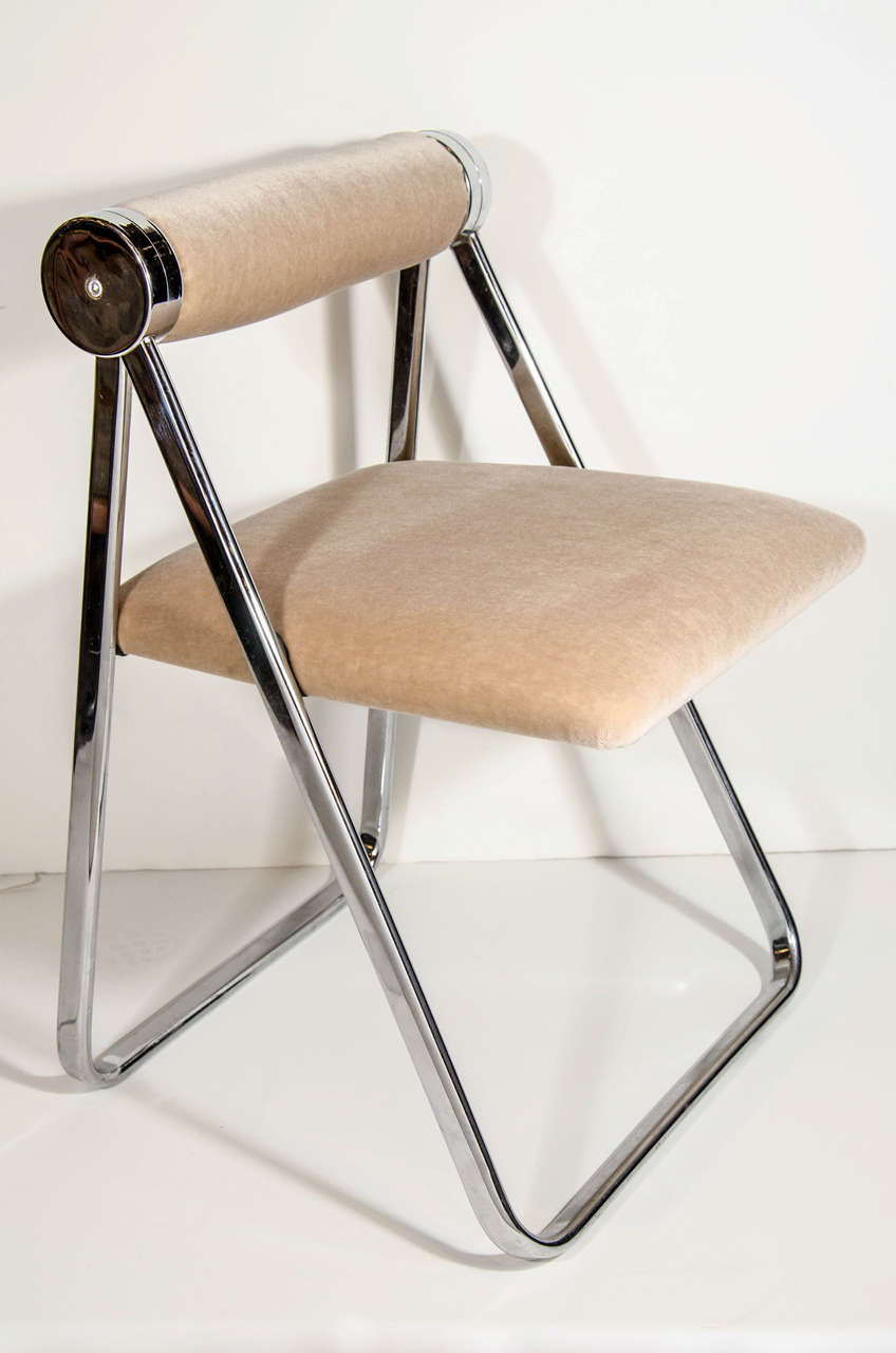 Mid Century Modernist Luxe Folding Chair Attributed to Giancarlo Piretti with Polished Chrome Frame and Newly Upholstered in Camel Mohair.  Chair Features Square Seat Design with Comfortable Cylinder Backrests. Chair Has a Striking Profile, and