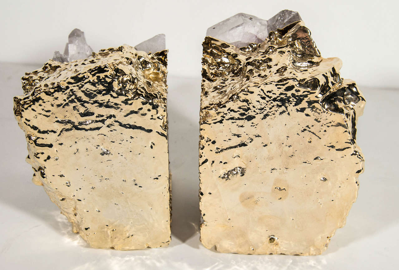 Pair of Exquisite Rock Crystal Quartz Bookends Wrapped in 24K Gold at 1stdibs