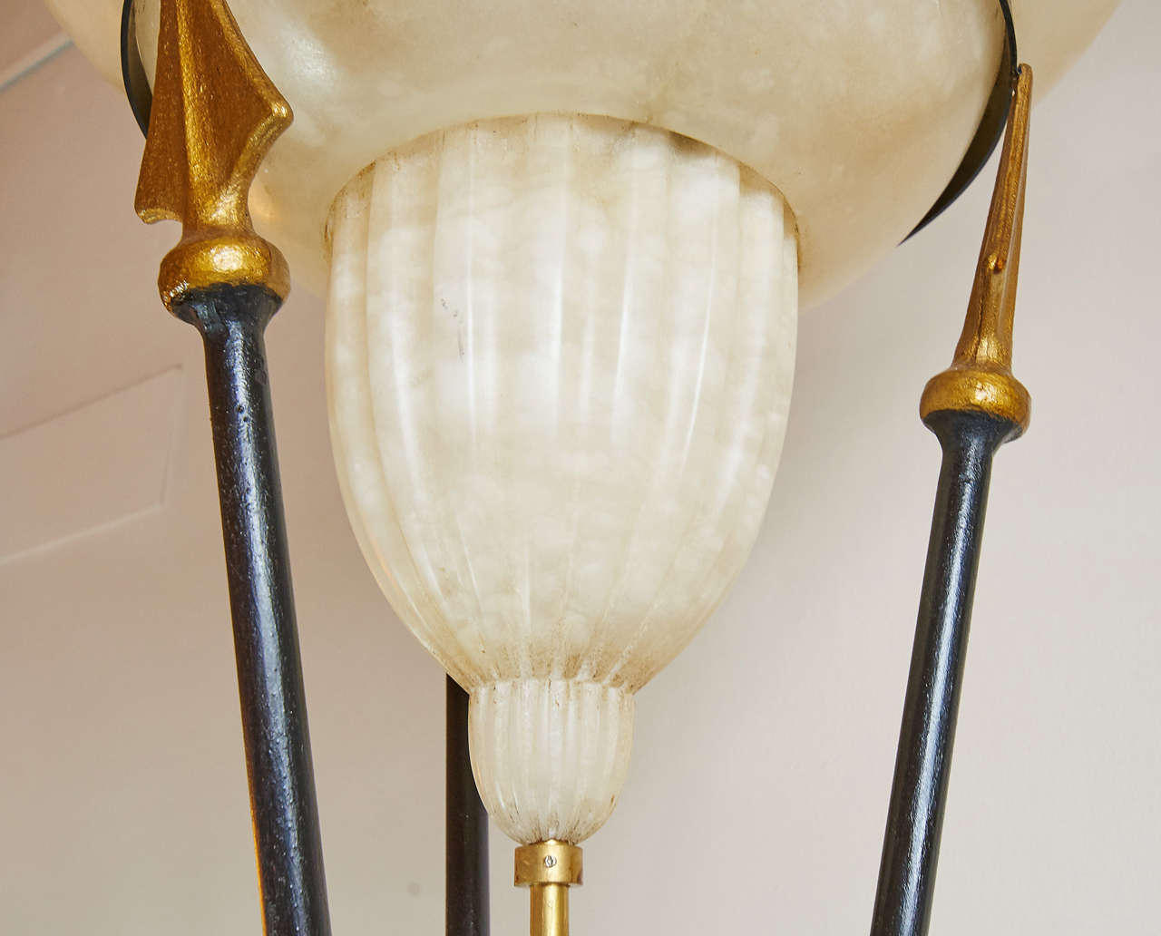 Art Deco Important Pair of Italian 1940s Gold Handmade Iron and Alabaster Floor Lamps