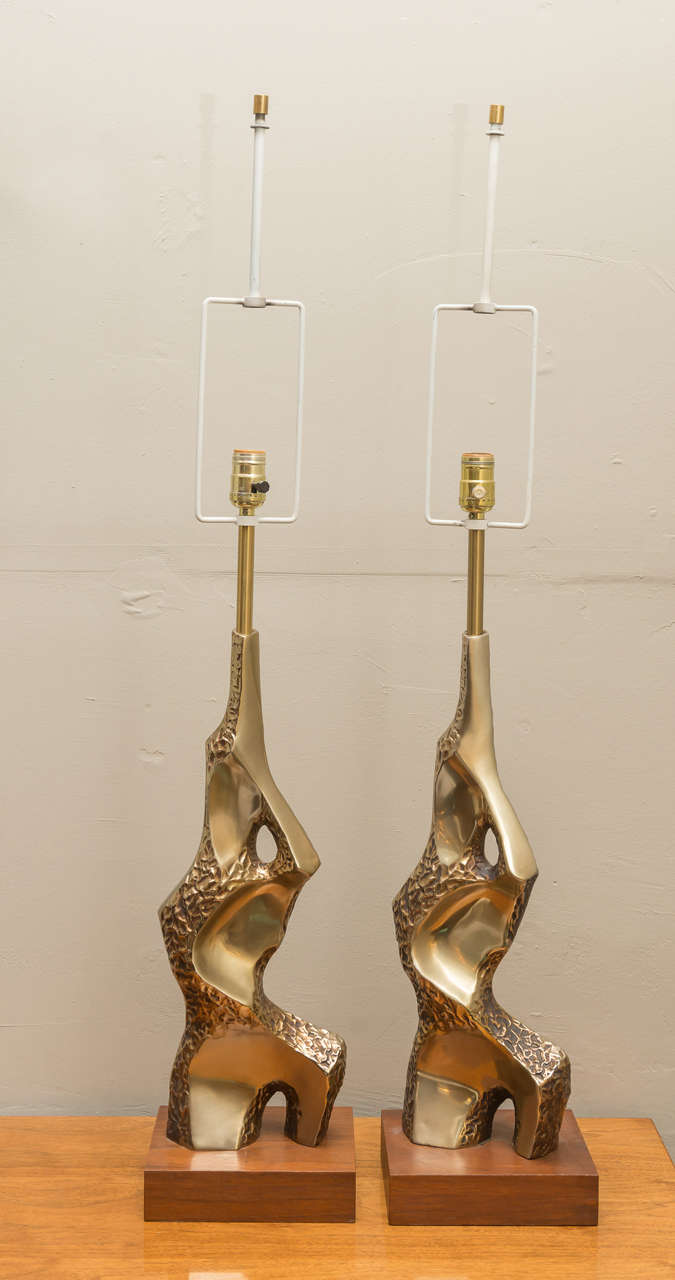 Pair of Brutalist Brass Table Lamps by Laurel