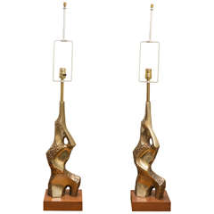 Pair of Brutalist Brass Table Lamps by Laurel