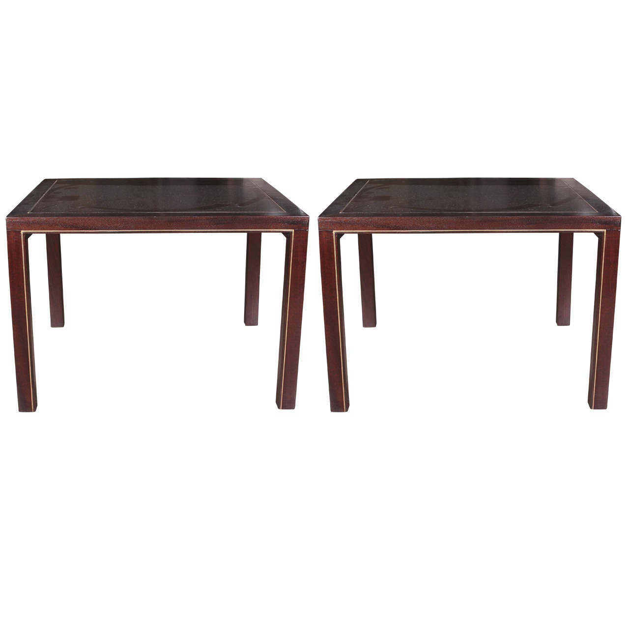 Mahogany Parsons Style End Tables with Inlaid Brass by Edward Wormley for Dunbar