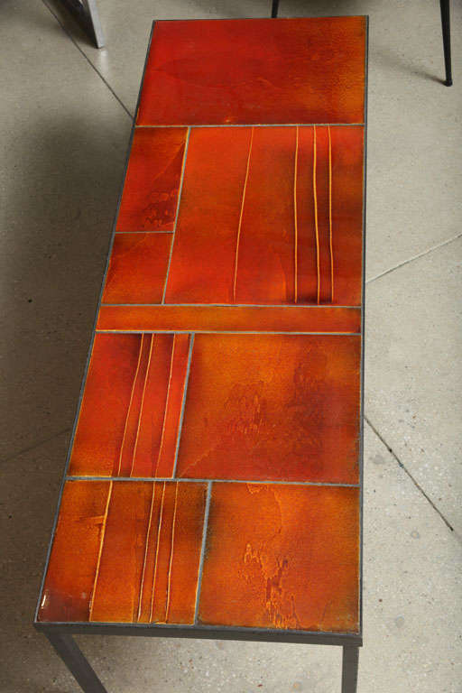 French Roger Capron - Vintage Coffee Table with Ceramic Lava Tiles on a Metal Frame For Sale