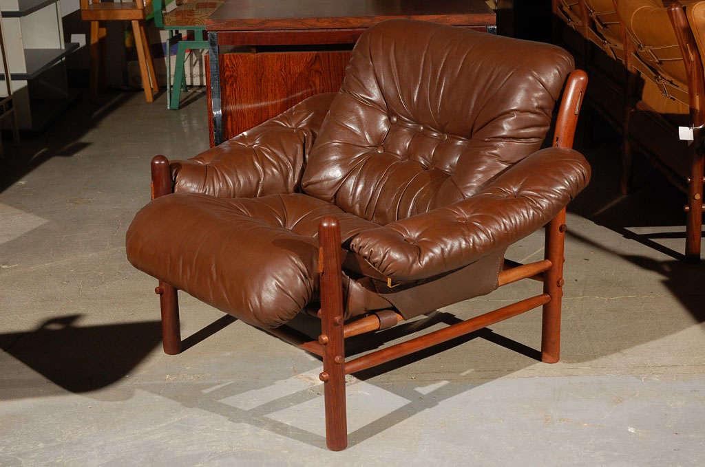 Modern Pair of Brown Tufted Leather Chairs by Arne Norell For Sale