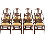 Antique Set Of Eight Shield Back Rush Seat Dining Chairs