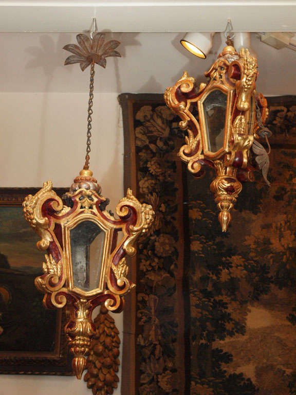 Pair Of Venetian Parcel Gilt And Painted Wooden Lanterns