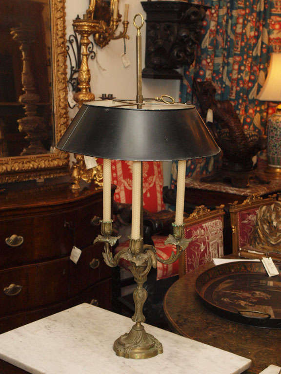 French bronze Louis XV style bouillotte three arm lamp with adjustable tole shade